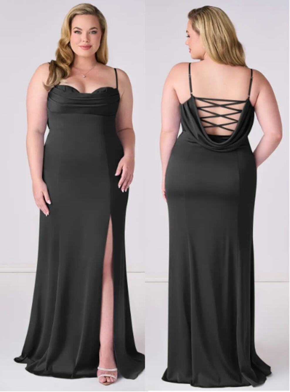 NWT Barbie x Azazie Pleated Lace Up Mermaid Stretch Satin Maxi Dress Black A16